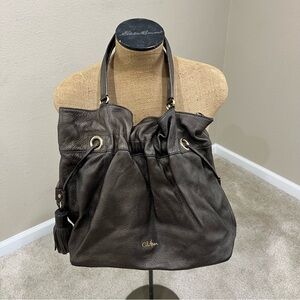 Cole Haan Womens Metallic Brown Leather Tassel Drawstring Satchel Handbag Bronze